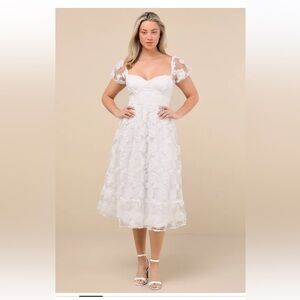 Lulus White Lace Midi Dress NWT L Bridal Shower Wedding Guest Bustier Floral